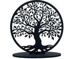 Levensboom Tree of Life - Ornament op voet - Rond Industrieel Hout Natuurlijk Woonkamer - Staand - Zwart - Decoratie - Moederdag cadeautje - Valentijn - Valentijn decoratie - Valentijn cadeautje voor haar - Valentijn cadeautje vrouw