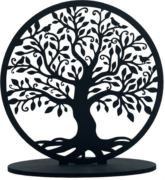 Levensboom Tree of Life - Ornament op voet - Rond Industrieel Hout Natuurlijk Woonkamer - Staand - Zwart - Decoratie - Moederdag cadeautje