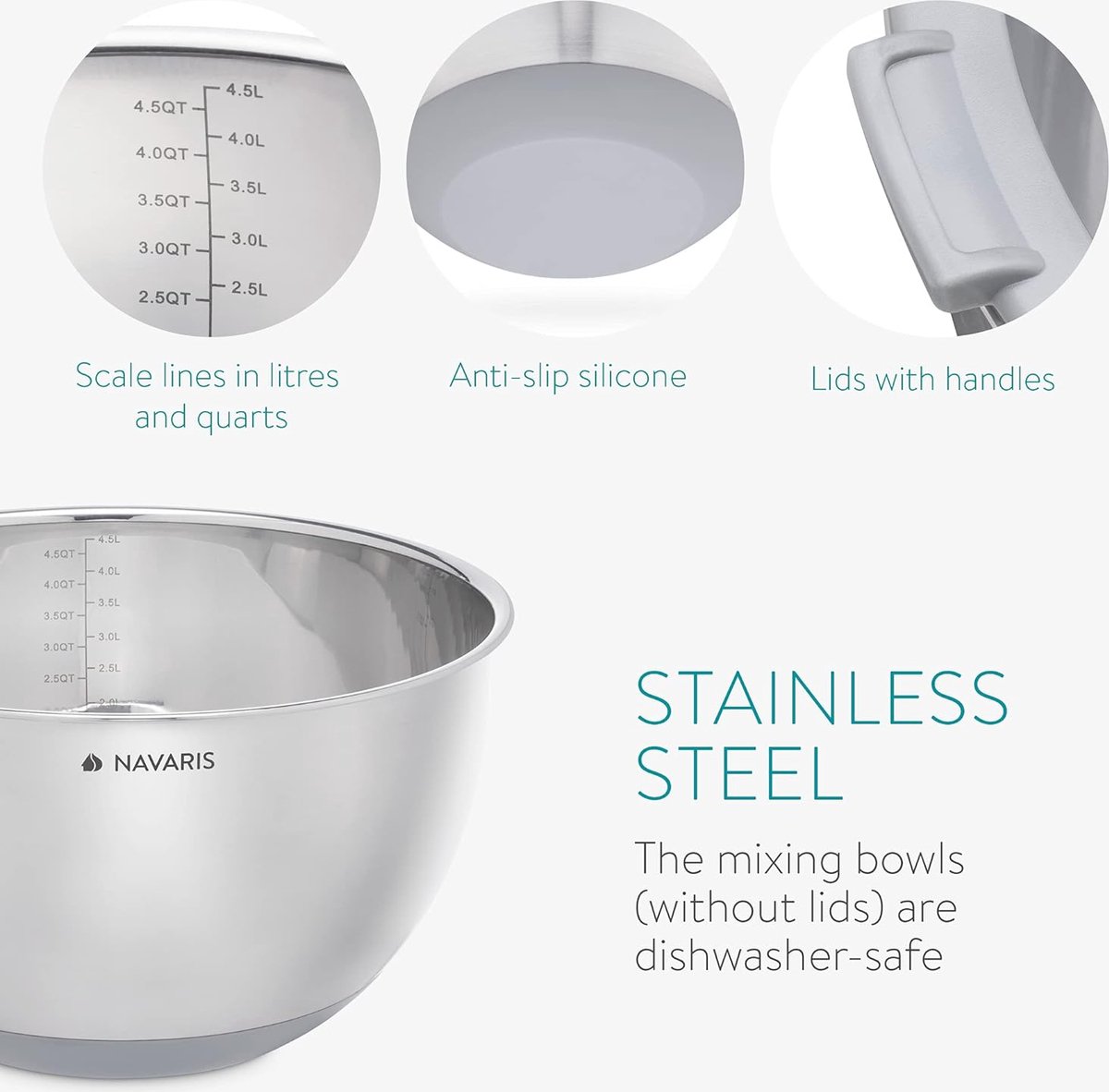 Robin Goods® 3x roestvrijstalen mengkom met deksel - slakom in 3 maten - multifunctionele metalen kom - serveerschaal voor eten (3 stuks - groot