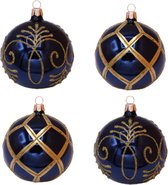 Hippe, Blauwe, Kerstballen met Gouden Ruitennet en Chique Gouden Glitter Design - Doosje van vier kerstballen van 8 cm