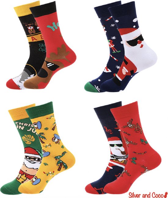 SilverAndCoco® 4 Paar Rebelse Kerstsokken / Gekke Foute Vrolijke Happy Kerst Sokken... bol
