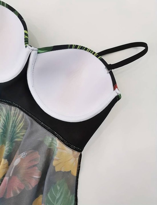 Tankini set met tropische print- Push- up beugel doorschijnend top- Hoog uitgesneden 2-delig Bikini Badpak Zwempak met Spaghettibandjes- Dames Badmode Badkleding 403- Zwart meerkleurig- Maat XL - Merkloos