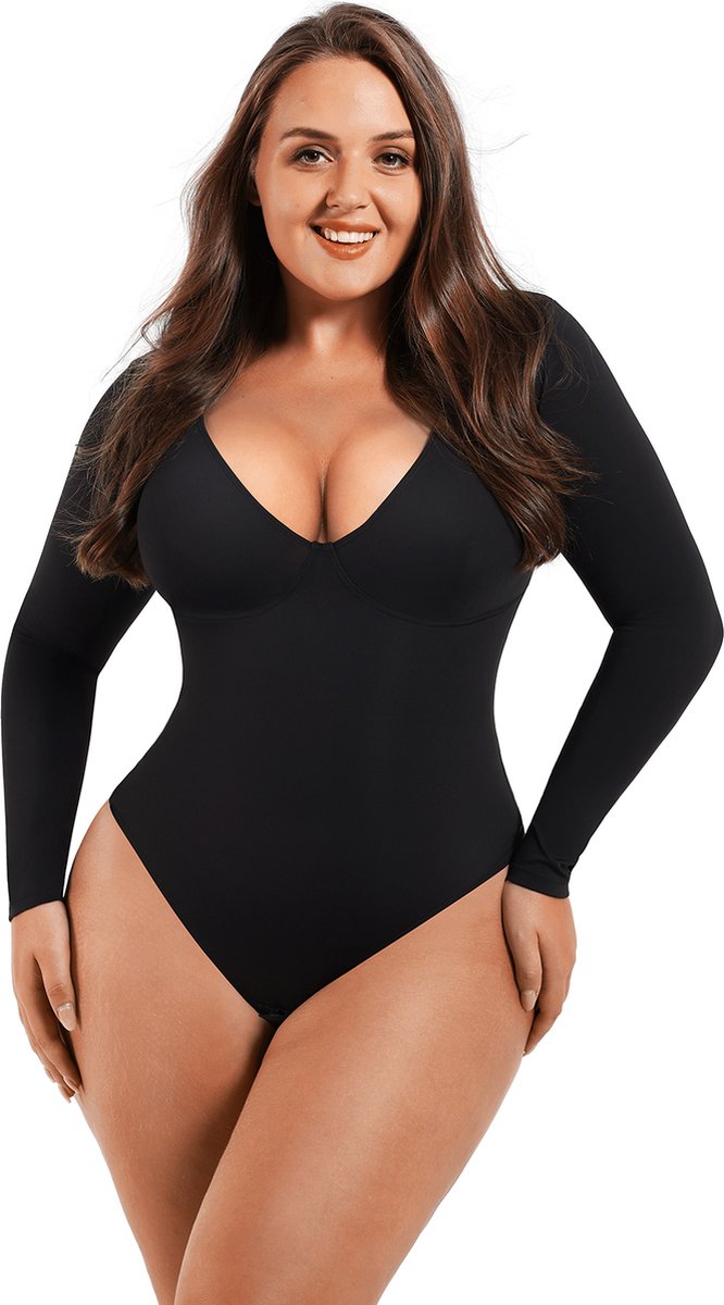 Bodysuit Shapewear V-hals - Lange mouw - zwart - XXL