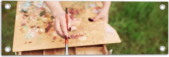 Tuinposter – Vrouw - Hand - Kwast - Schilderen - Schilderij - Verf - 60x20 cm Foto op Tuinposter (wanddecoratie voor buiten en binnen)