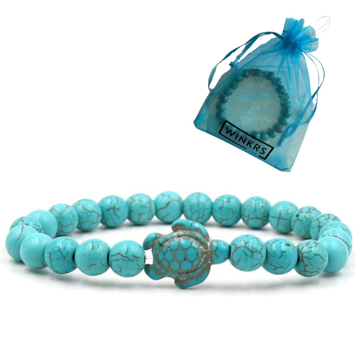 Schildpad Armbandje met Natuursteen Kralen - Turquoise - 19CM - Stretch-armband - Oceaan/Zee
