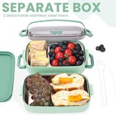 Bento Box Lunchbox 1100 ML,2 in 1 Roestvrij Staal Broodtrommel met 3 Vakken, Duurzame Snackbox met Lepel, Lunchbox voor Volwassenen en Kinderen, Broodtrommel voor School Werk Picknick Reizen