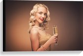 Canvas - Vrouw - Makeup - Glas - Champagne - Sierraden - 60x40 cm Foto op Canvas Schilderij (Wanddecoratie op Canvas)