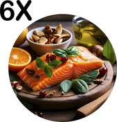 BWK Stevige Ronde Placemat - Zalm met Noten op Houten Bord - Set van 6 Placemats - 50x50 cm - 1 mm dik Polystyreen - Afneembaar