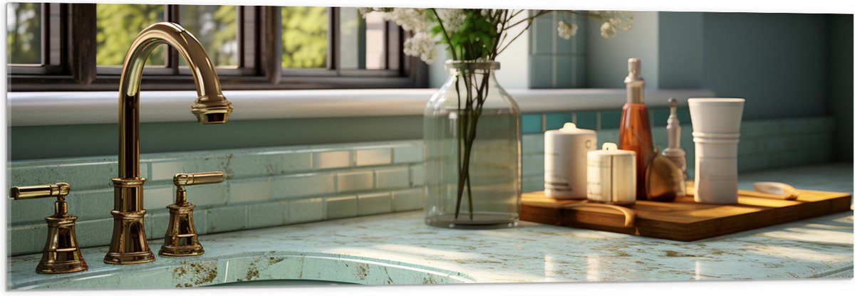 Acrylglas - Keuken - Aanrecht - Wasbak - Bloemen - Raam - Kraan - Marmer - Goud - 120x40 c