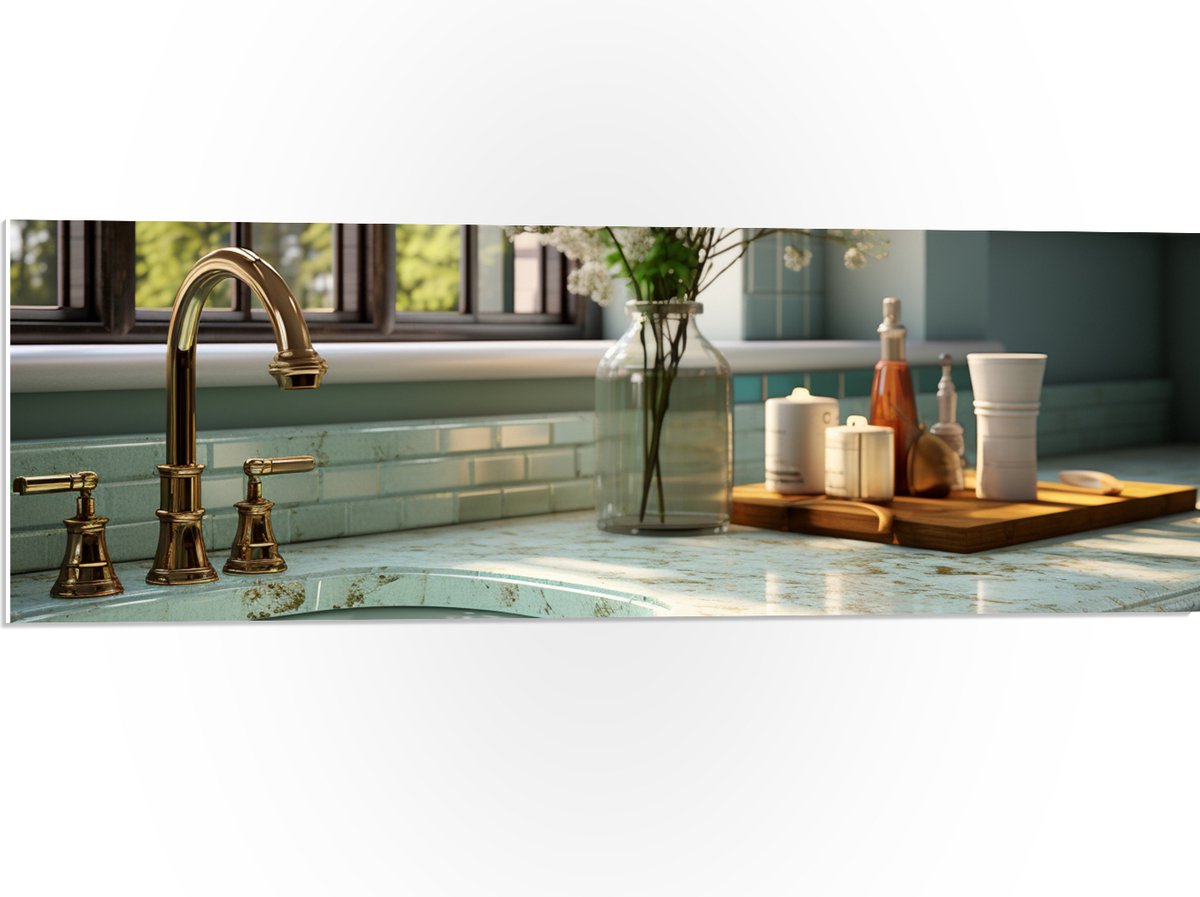 PVC Schuimplaat- Keuken - Aanrecht - Wasbak - Bloemen - Raam - Kraan - Marmer - Goud - 90x