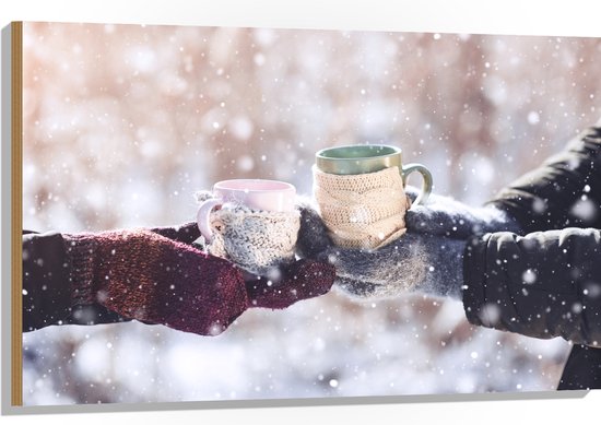 Hout - Sneeuw - Winter - Mokken - Handschoenen - Koud - 105x70 cm - 9 mm dik - Foto op Hout (Met Ophangsysteem)