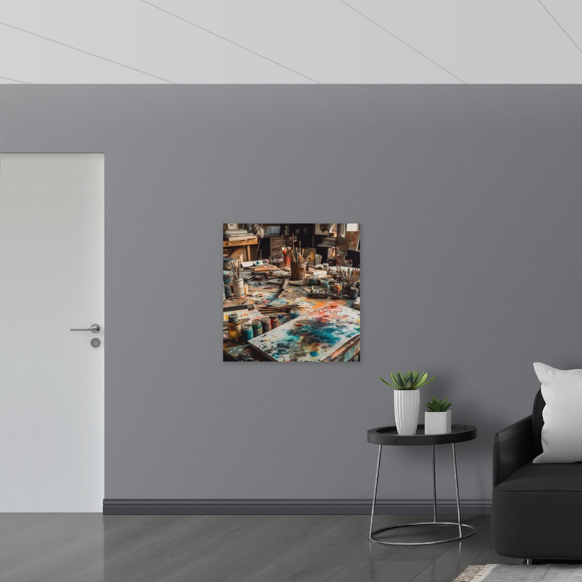 Dibond - Tafel - Verf - Kunst - Schilderen - Kwasten - Potjes - Kleuren - Vellen - 80x80 cm Foto op Aluminium (Wanddecoratie van metaal)