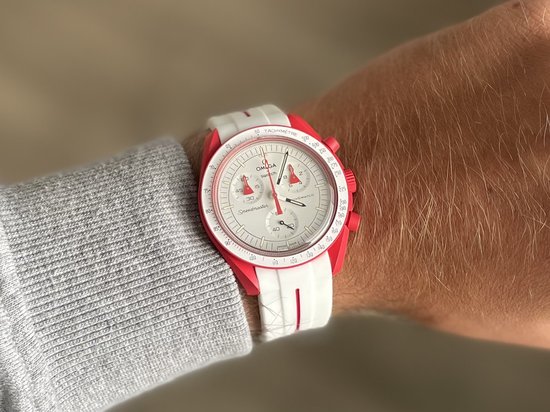 20mm Curved rubber strap White + Red stripe Omega x Swatch Moonswatch - Gebogen rubber horloge band