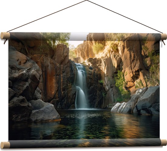 Textielposter - Waterval - Water - Rotsen - Planten - Zon - 60x40 cm Foto op Textiel