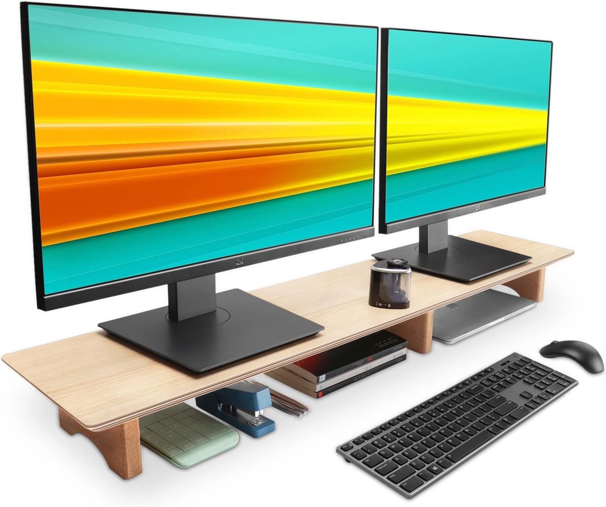 Grote monitorstandaard voor computerschermen - 109 x 23,5 x 10,5 cm - houten riser met duurzame kurkblokken voor zware laptops, computers, tv, pc, perfecte organizer voor op kantoor, thuis (eiken, groot)