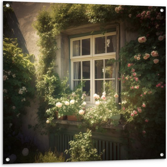 Tuinposter – Raam - Bloemen - Planten - Tuin - 100x100 cm Foto op Tuinposter (wanddecoratie voor buiten en binnen)