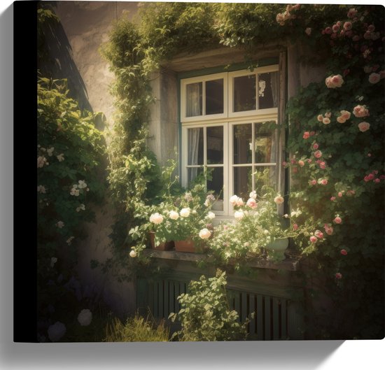Canvas - Raam - Bloemen - Planten - Tuin - 30x30 cm Foto op Canvas Schilderij (Wanddecoratie op Canvas)