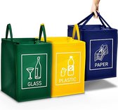 Driedelig systeem voor afvalscheiding voor glas, plastic en papier, Afvalemmer, Afvalscheidingsprullenbak, Buitenprullenbak, Papierbak