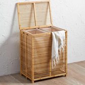 bamboe wasmand met grijze stof voor thuisbadkamer met 2 vakken Ruimtebesparende opbergdoos met deksel en uitschuifbare tas, 50 x 35 x 60 cm