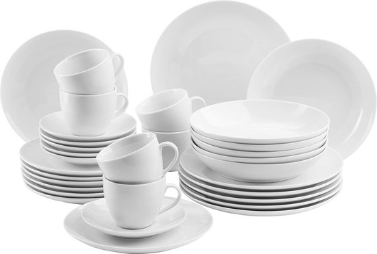 service de table pour 6 personnes, vaisselle combinée 30 pièces, blanc,  porcelaine | bol