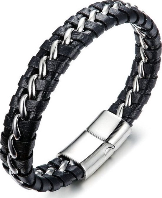 Malinsi Bracelet Homme - Argent - Cuir Tressé Acier Inoxydable - Bracelet Homme 21 cm - Cadeau Mari - Bracelets Vaderdag - Cadeau - Anniversaire