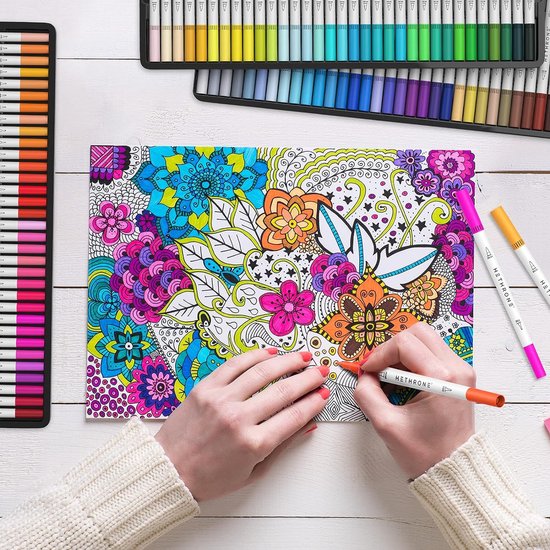 100 Colors Brush Pens, Non-Toxic Odourless Marker Set Fineliner and Water-Based Brush Ink with Two Kinds of Dots for Coloring Books, Calligraphy Bullet Journal Hho-100B