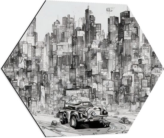 Dibond Hexagon - Tekening - Stad - Gebouwen - Auto - Zwart - Wit - 70x60.9 cm Foto op Hexagon (Met Ophangsysteem)