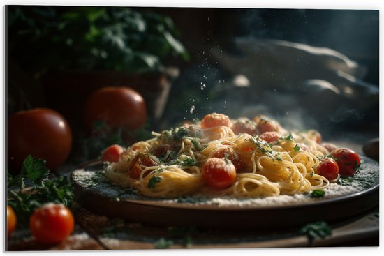 Dibond - Spaghetti - Tomaten - Kaas - Eten - Bord - 60x40 cm Foto op Aluminium (Wanddecoratie van metaal)