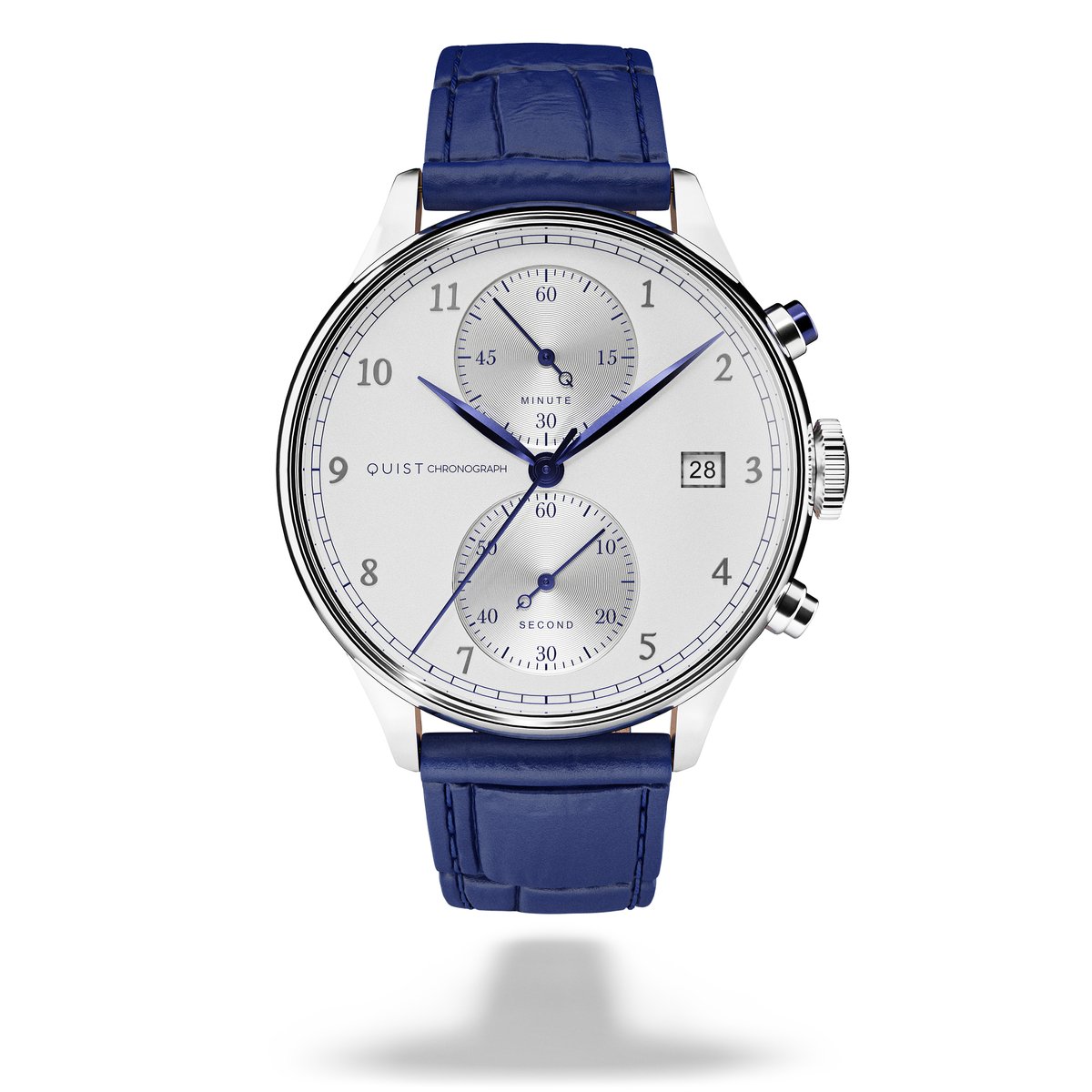 QUIST - Chronograph herenhorloge - zilver - witte wijzerplaat - blauwe croco lederen horlogeband - 41mm
