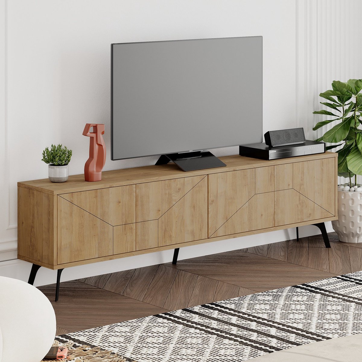 Meuble TV moderne en chêne blanc, 180cm x 48cm x 35cm, Revêtement  mélaminé - Emob