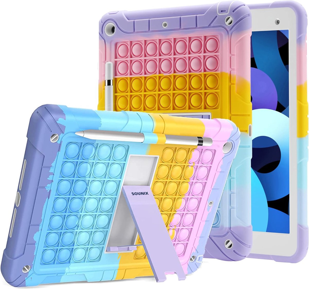 Sounix iPad hoes voor kinderen - Pop It hoesje - iPad 10.2 inch (2019, 2020,2021) - met schouderband -Pop It Fidget Toy - Kinder Tablethoes - Blauw