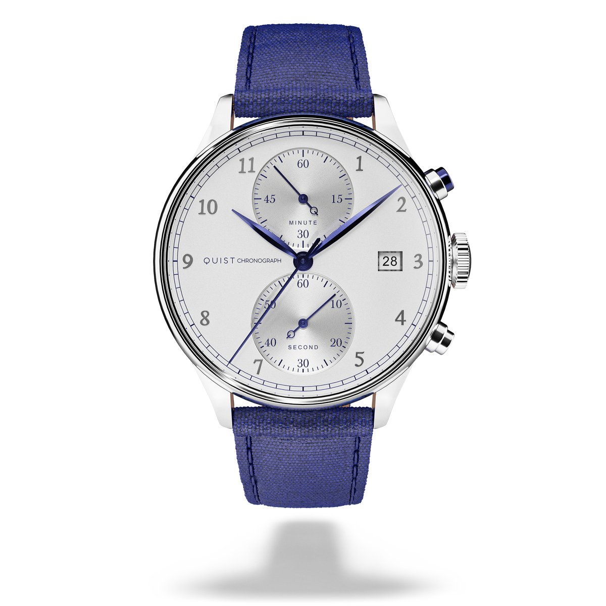 QUIST - Chronograph herenhorloge - zilver - witte wijzerplaat - blauwe cordura horlogeband - 41mm