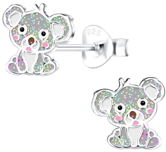 Joy|S - Zilveren baby koala oorbellen - 8 mm - grijs met glittertjes