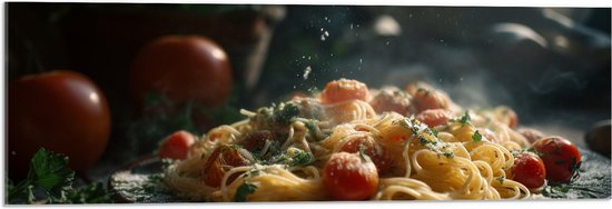 Acrylglas - Spaghetti - Tomaten - Kaas - Eten - Bord - 90x30 cm Foto op Acrylglas (Wanddecoratie op Acrylaat)