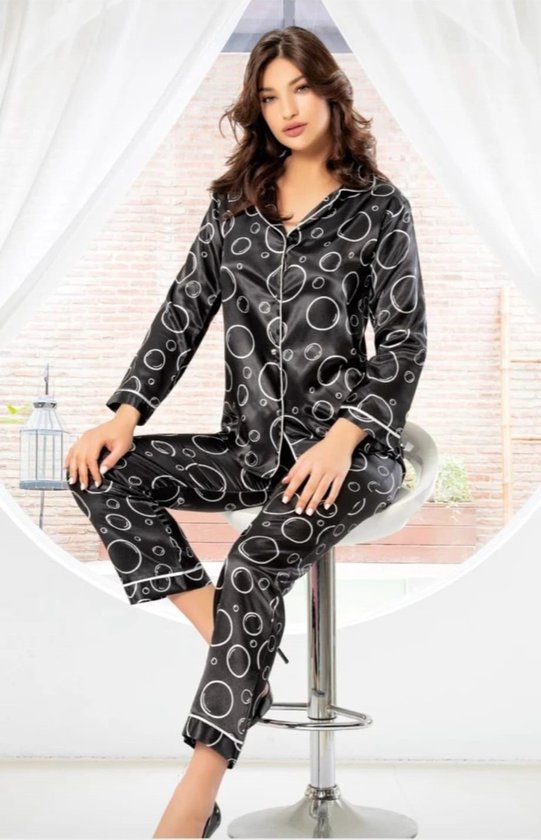 Satijn Dames 2- Delige -Pyjama- Luxe Pyjamaset- Nachtkleding Zwart Maat S