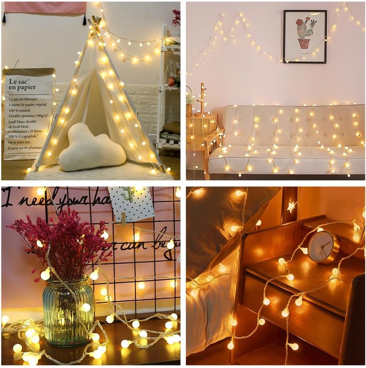 Guirlande Lumineuse Globe LED à Piles 6 M - 40 LED Blanc Chaud - Avec Minuterie 6h - Pour Chambre, Mariage, Balcon