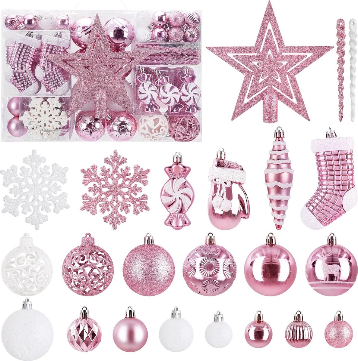 128 kerstballen, geassorteerde onbreekbare kerstboomversieringen, set decoratieve kerstballen met hangers, herbruikbare, draagbare geschenkverpakking, voor in de kerstboom (roze)