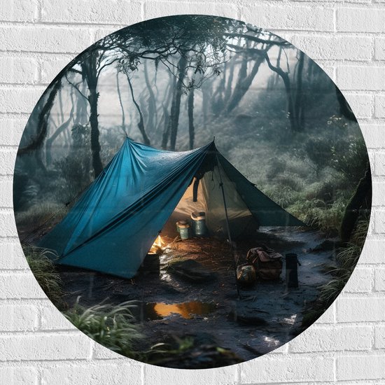 Muursticker Cirkel - Tent - Kamperen - Bos - Planten - Kampvuur - Nat - 90x90 cm Foto op Muursticker