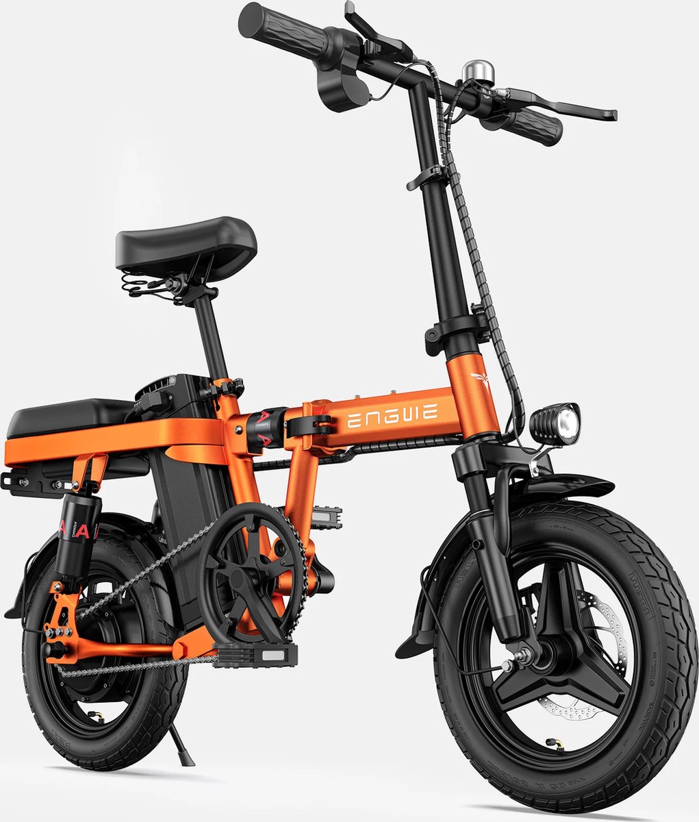 T14 vouwbaar Fatbike E-bike 250 Watt motorvermogen topsnelheid 25 km/u Fat tire 14’’ banden kilometerstand 35km elektrische modus Oranje