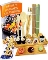 Sushi Maken Kit 11-delig - Bamboo Starter Sushi Set rolmat en serveerset – Sushi servies voor thuis - 2 matten, 5 paar eetstokjes met zak, strooier, serveerschaal, triplet sausschotel met E-Book