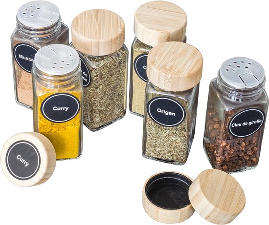 24 pots à épices en verre et bois avec étiquettes multilingues, pour  conserver les