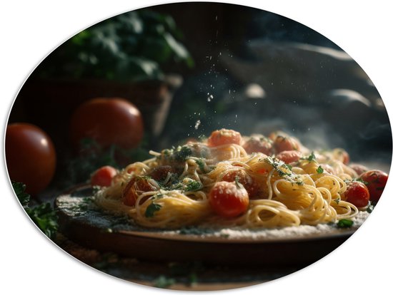 PVC Schuimplaat Ovaal - Spaghetti - Tomaten - Kaas - Eten - Bord - 108x81 cm Foto op Ovaal (Met Ophangsysteem)