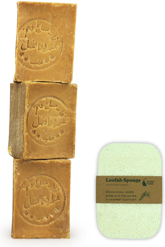Green Fadel Aleppo Zeep Olijfolie - 100% Olijfzeep - Savon d'Alep Zeep Blok - 3 x 200 gram - Incl. Loofah Sponge