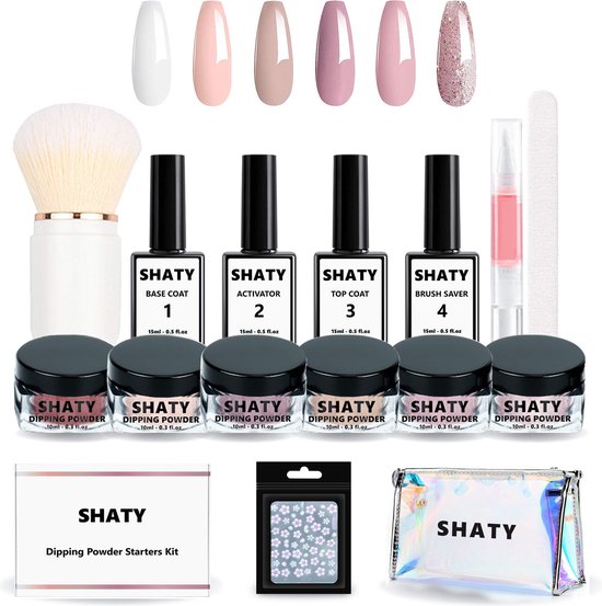 SHATY® Dipping Powder Starters Kit – Complete Set – 6 kleuren – Acryl Nagels Starterpakket - Inclusief Nagelstickers - Handleiding (NL)