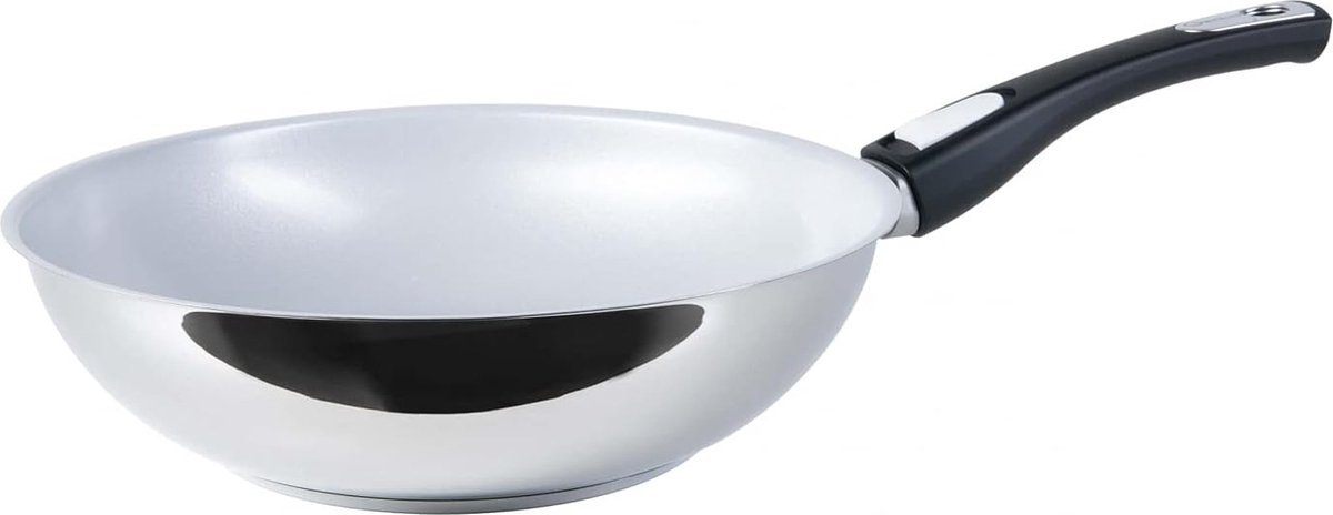 Cerafit Steel wokpan 28 cm gecoate roestvrijstalen pan met hoge rand geschikt voor alle warmtebronnen + inductie sandwichbodem met aluminium kern