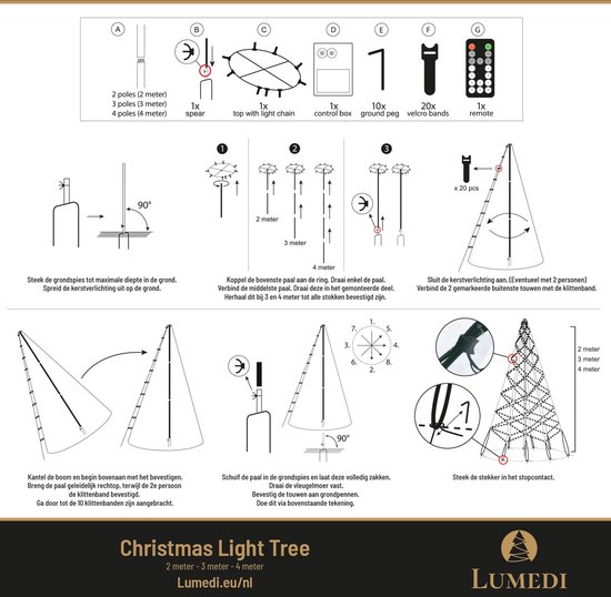 Lumedi - Kerstboom - vlaggenmast verlichting - 2 meter incl. mast - 360 Warm Wit Led Lampjes - Afstandsbediening - voor buiten - Lumedi