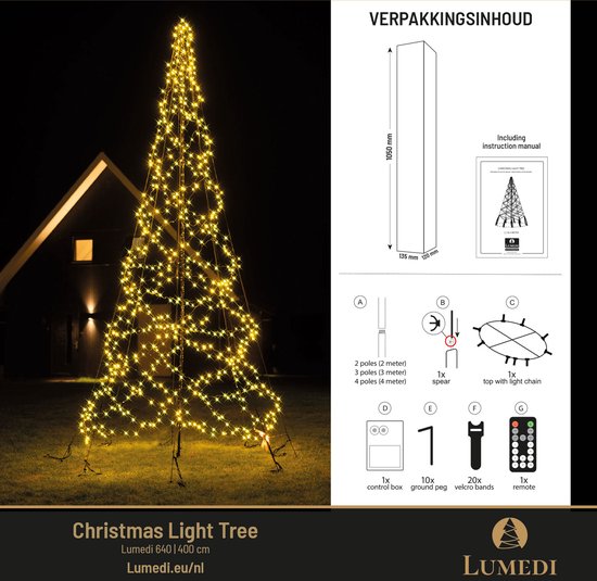 Lumedi - Kerstboom - Vlaggenmast Verlichting - 4 meter incl. mast - 640 Warm Wit Led Lampjes - Afstandsbediening - Voor Buiten - Lumedi