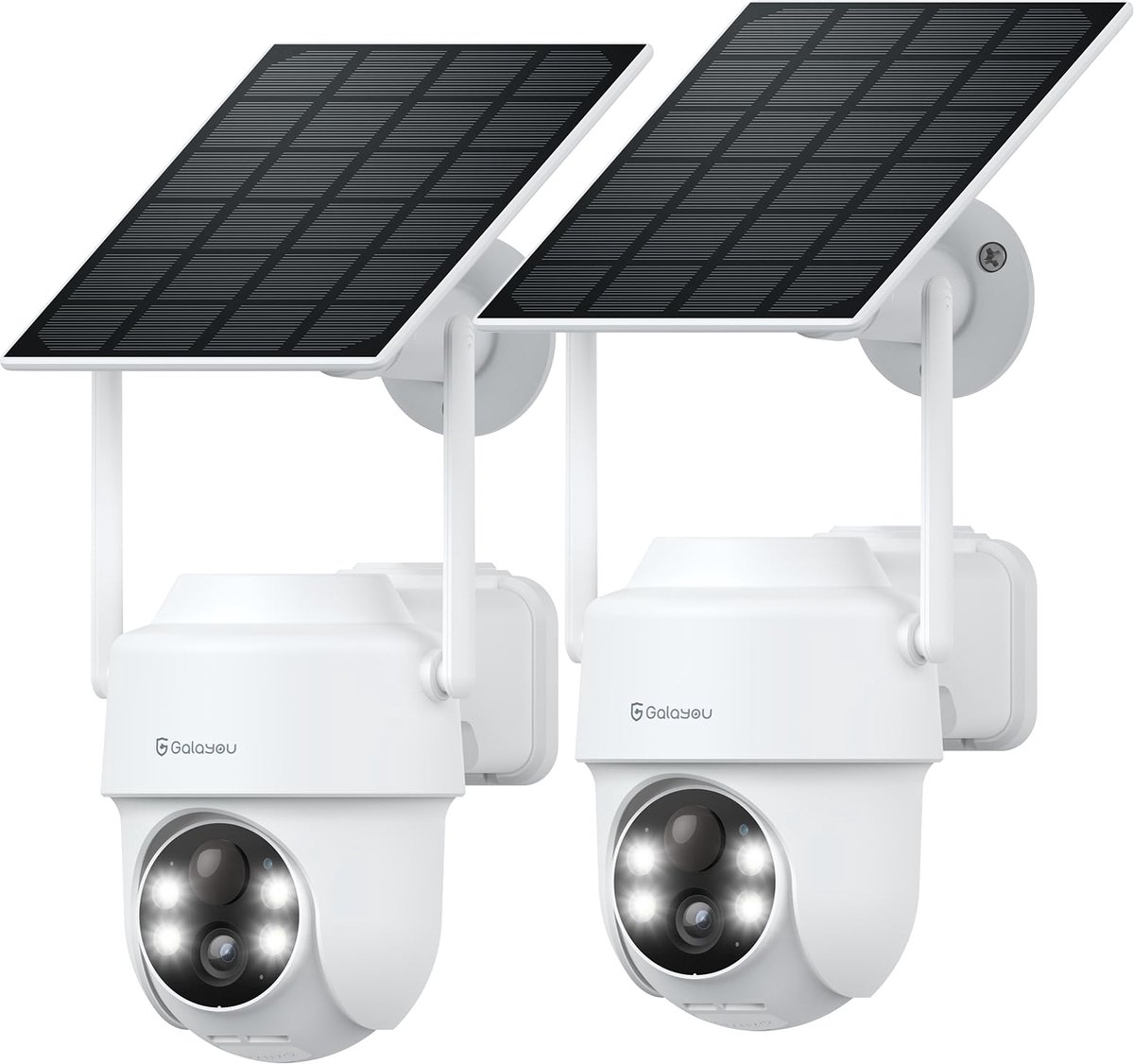 GALAYOU Buitenbewakingscamera op zonne-energie - 2K PTZ draadloze camera buiten met zonnepaneel, PIR-bewegingssensor, gekleurd nachtzicht, compatibel met Alexa, R1 Set 2