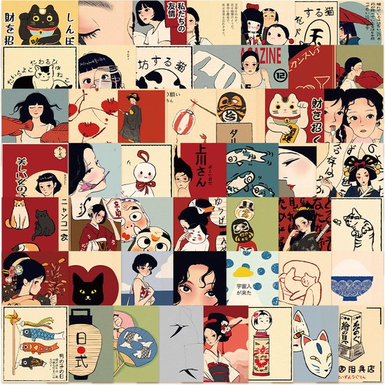 Pack d'autocollants japonais - 50 Autocollants avec Culture japonaise, Geisha, carpes Koi, Cat chanceux, etc. - Autocollants pour ordinateur portable pour adultes