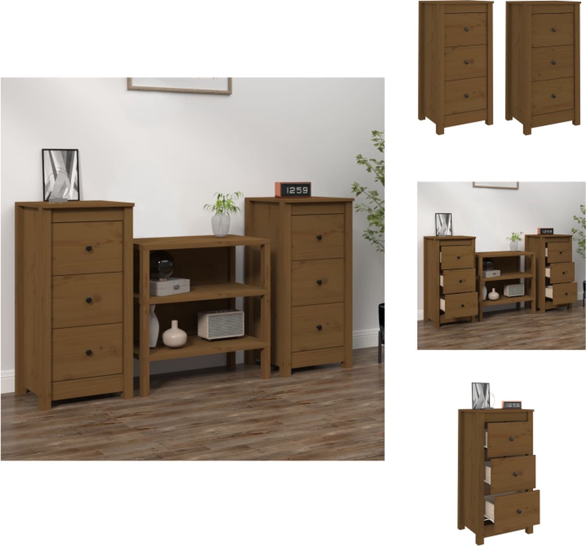 VidaXL Houten Dressoirs Set van 2 Honingbruin Massief grenenhout 40 x 35 x 80 cm Opbergruimte Stevig blad Keukenkast